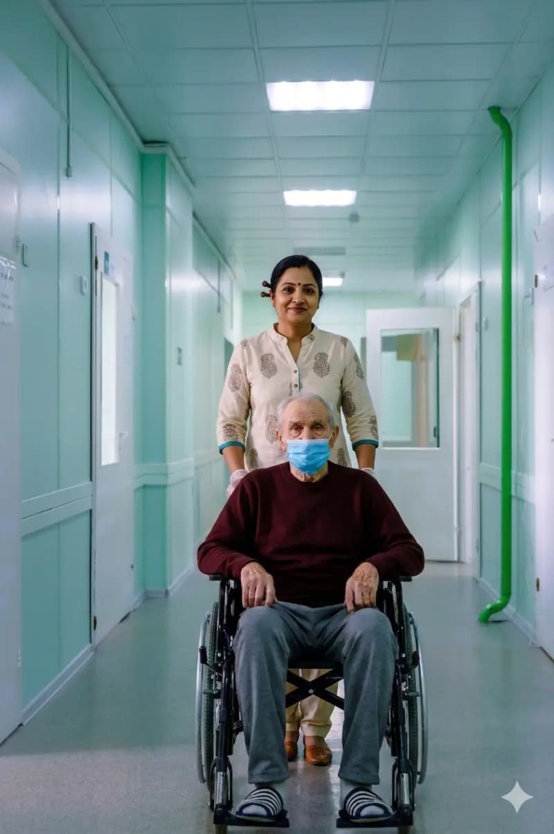 A trained Aashirbad Care attendant supporting a patient at the hospital bedside